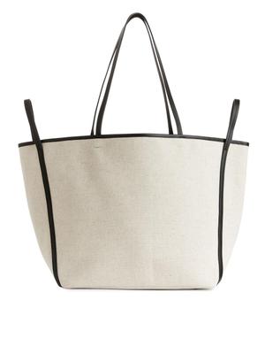 Leather Detailed Linen Tote - White - recommended by Pret a Collection