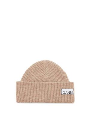 Ganni - Logo-patch Wool-blend Beanie Hat - Womens - Beige - recommended by Joanna Rutkowska