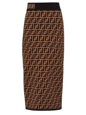 Fendi - Ff-jacquard High-rise Knit Pencil Skirt - Womens - Brown Multi - recommended by Thereza Reboucas