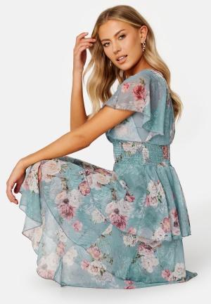 Goddiva Floral Flutter Tiered Midi Dress Air Force Blue XS (UK8) - recommended by Anne-Charlotte  Andersson
