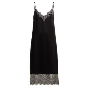 Valentino - Lace Trimmed Hammered Silk Satin Slip Dress - Womens - Black - recommended by Sofia Andersin